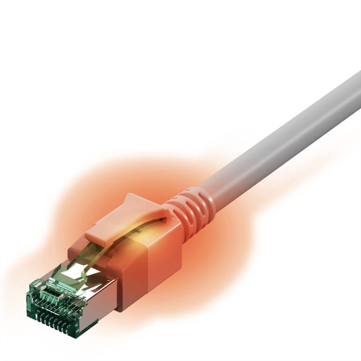 Ein Ethernet-Kabel mit einem leuchtend orangefarbenen Stecker, der ein aktives oder betriebsbereites Signal anzeigt.