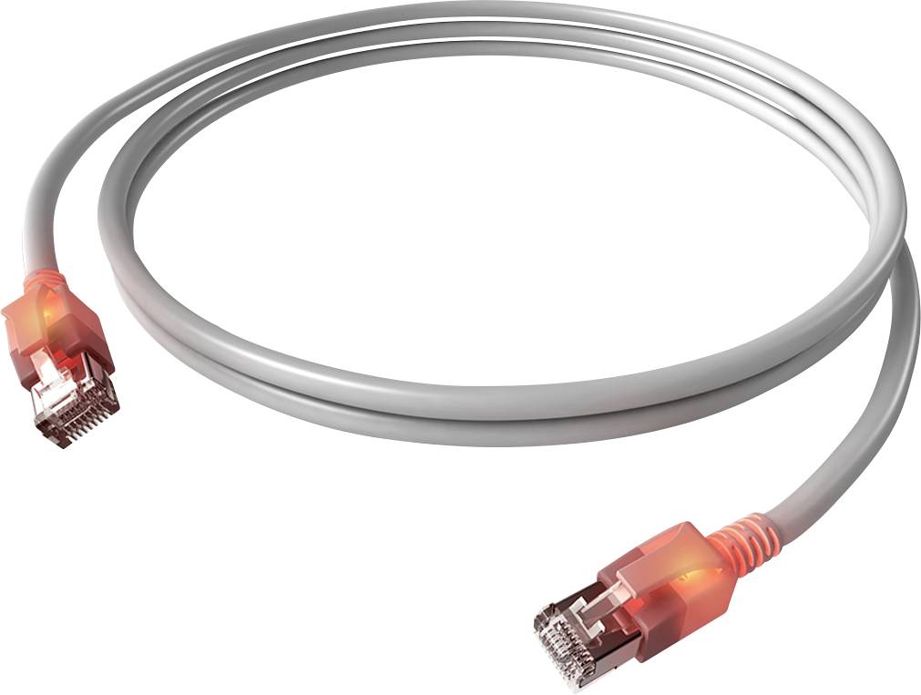 Ein graues Ethernet-Kabel mit roten Lichtern an den Steckern, das auf Netzwerkverbindungen hinweist.