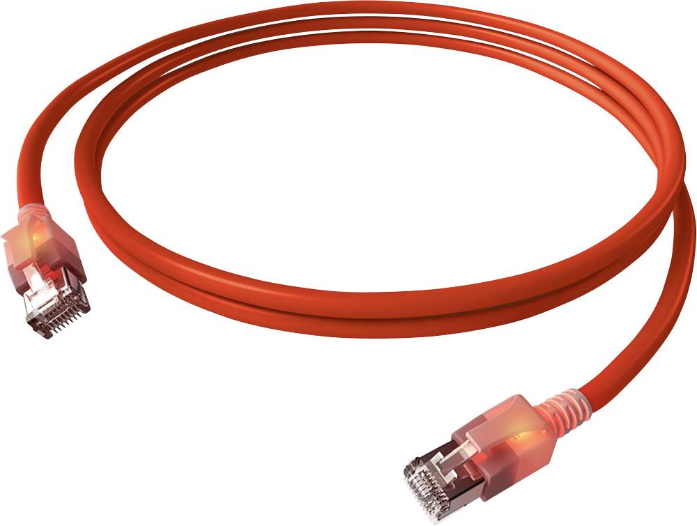 Rotes Ethernet-Kabel mit zwei Steckern. Hauptsächlich verwendet für Netzwerkverbindungen.