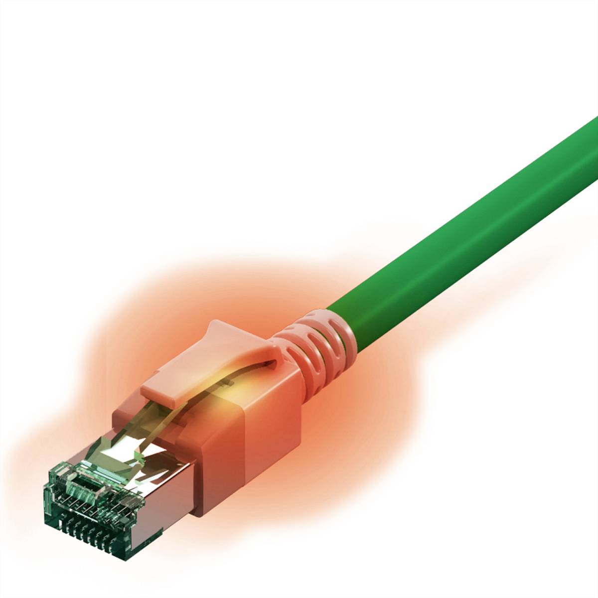 Ein grünes Ethernet-Kabel mit einem leuchtenden orangefarbenen Licht am Steckerende, symbolisiert Datenverbindung oder Netzwerkaktivität.