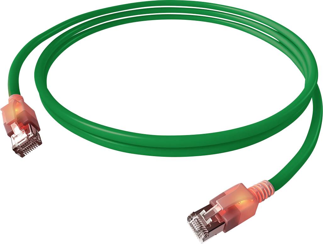 Grünes Ethernet-Kabel mit roten, leuchtenden Steckern an beiden Enden, symbolisiert Netzwerkverbindung.