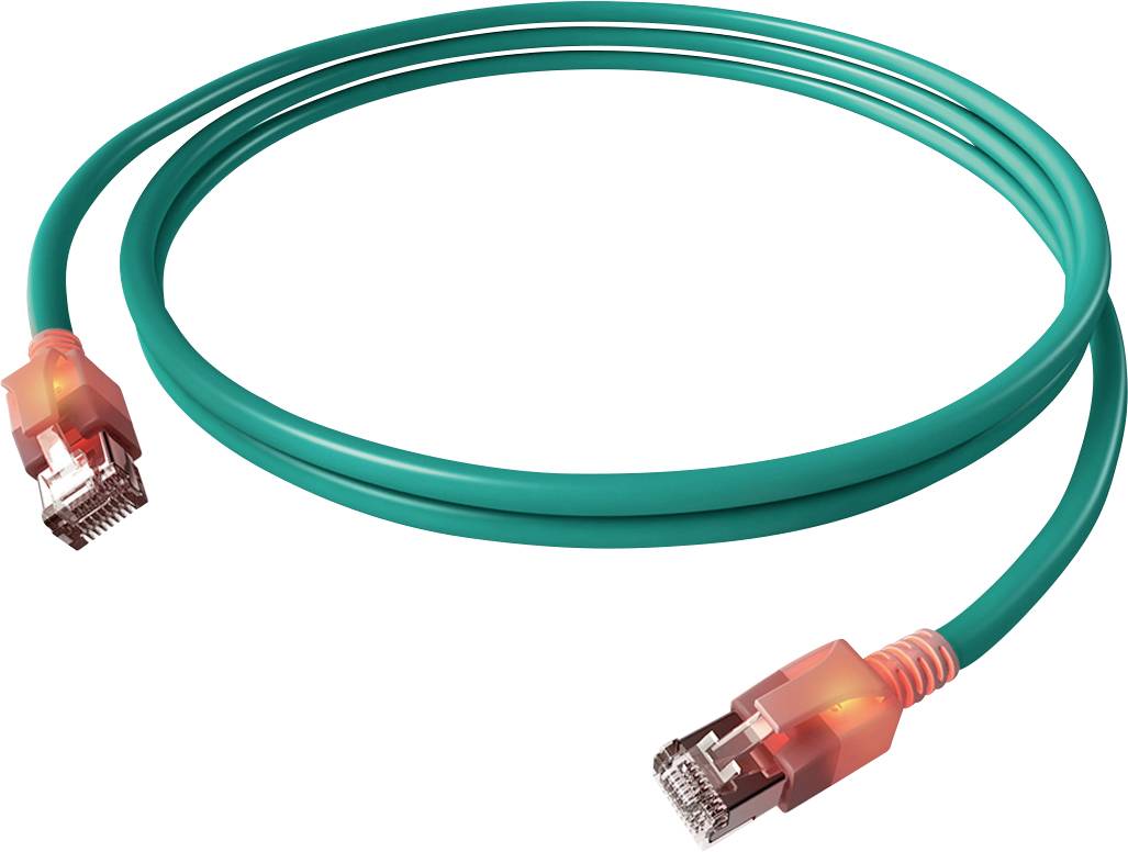 Grünes Ethernet-Kabel mit zwei RJ45-Steckern, die orange leuchten. Das Kabel ist in einer Schleife angeordnet.