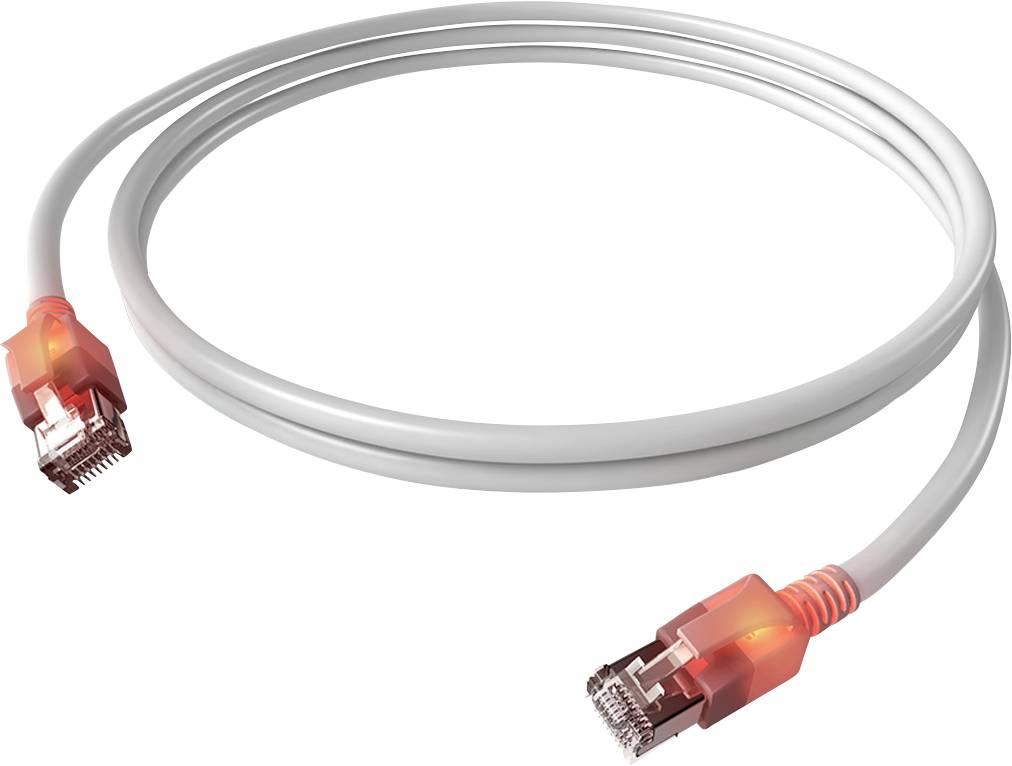 Ethernet-Kabel mit roten Leuchtanzeigen an beiden Enden, symbolisiert Datenverbindung und Netzwerkaktivitäten.