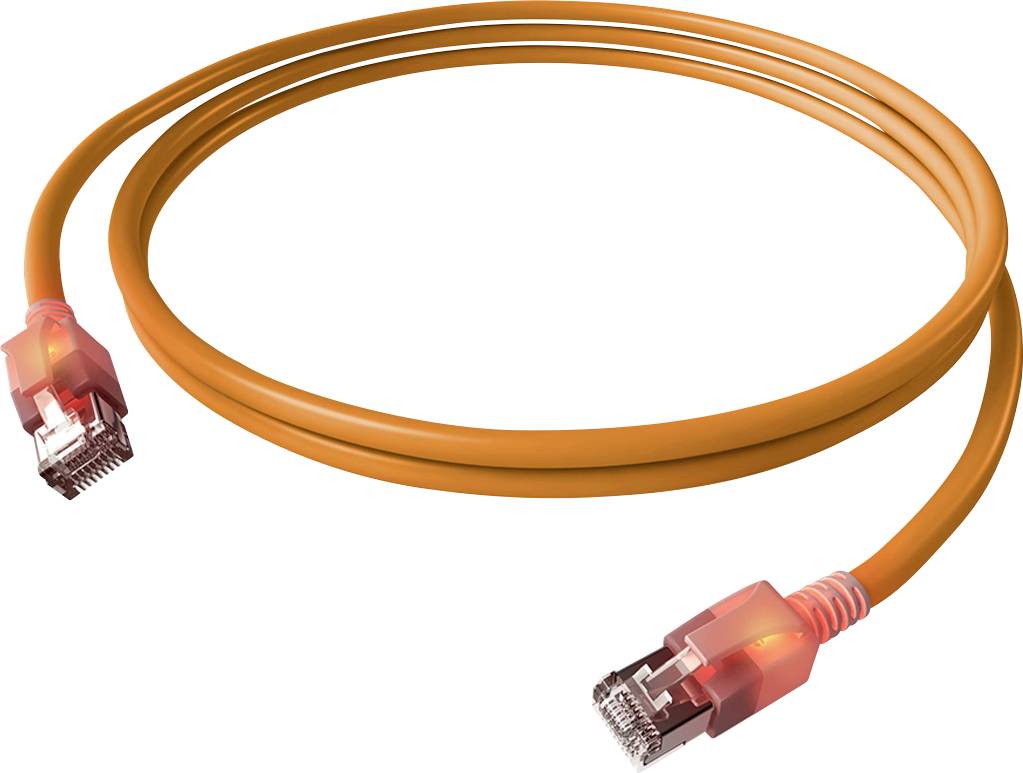 Ein orangefarbenes Netzwerkkabel mit zwei RJ45-Steckern.