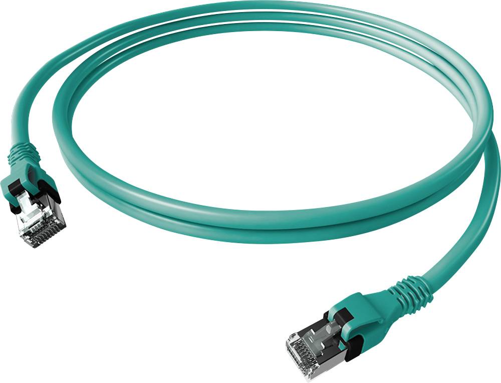 Ein türkisfarbenes Ethernet-Kabel mit zwei RJ45-Steckern, geeignet für Netzwerkverbindungen.