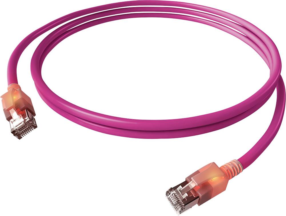 Ein pinkes Ethernet-Kabel mit zwei Steckern, leuchtend an den Enden.