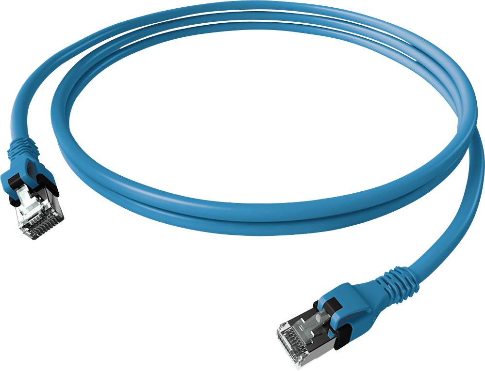 Ein blaues Ethernet-Kabel mit RJ45-Steckern an beiden Enden, geeignet für Netzwerkverbindungen.