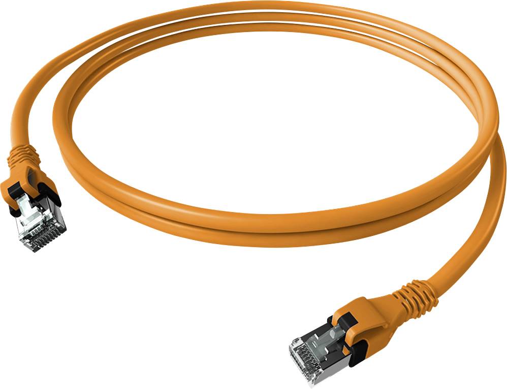 Ein orangefarbenes Netzwerkkabel mit zwei RJ45-Steckern.