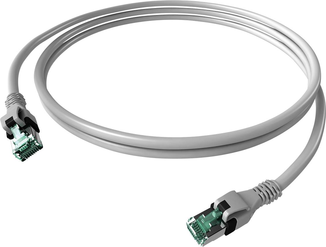 Ein graues Ethernet-Kabel mit RJ-45-Steckern an beiden Enden, geeignet für Netzwerke und Internetverbindungen.