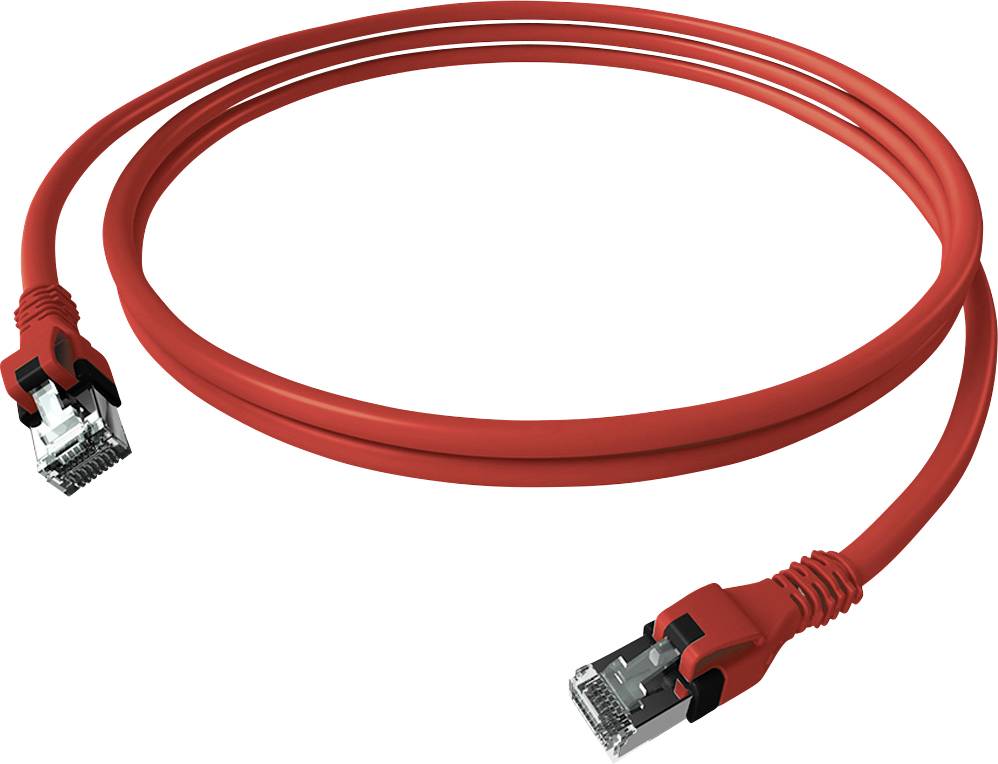 Rotes Netzwerkkabel mit RJ45-Steckern an beiden Enden, geeignet für Computer- und Internetverbindungen.