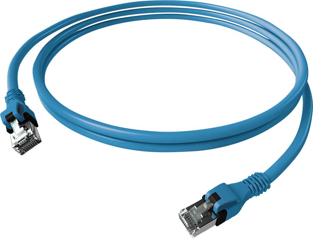 Ein blaues Ethernet-Kabel mit zwei RJ45-Steckern, verwendet für die Netzwerkverbindung in Computernetzwerken.