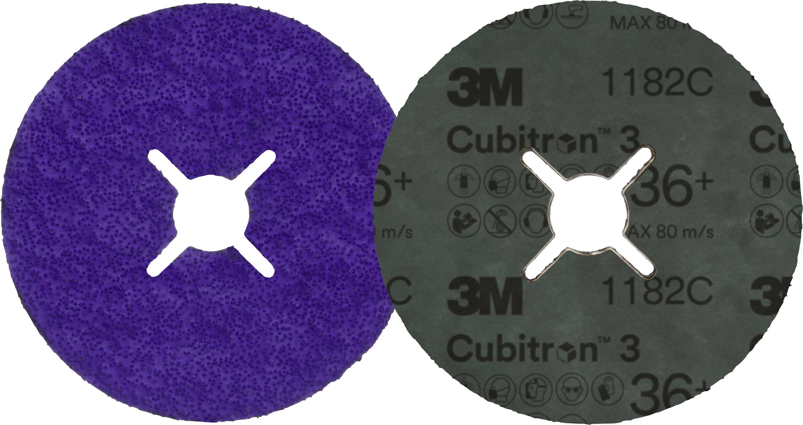 Zwei Schleifscheiben nebeneinander, eine lila, die andere schwarz mit der Aufschrift '3M Cubitron 3'.