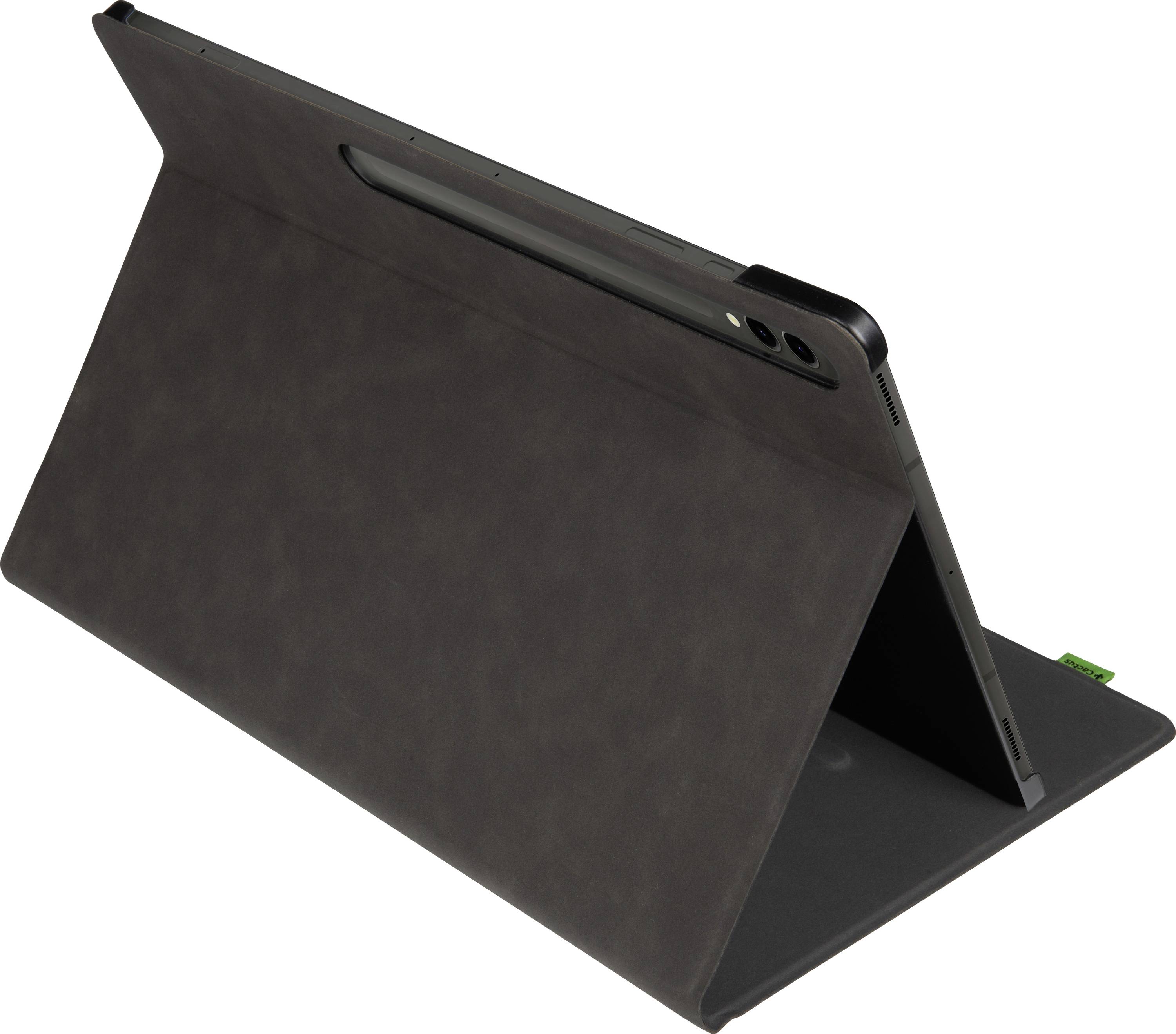 Tablet in einer schrägen Rückansicht, aufgestellt in einer schützenden Hülle, die Stabilität bietet und das Display verdeckt.