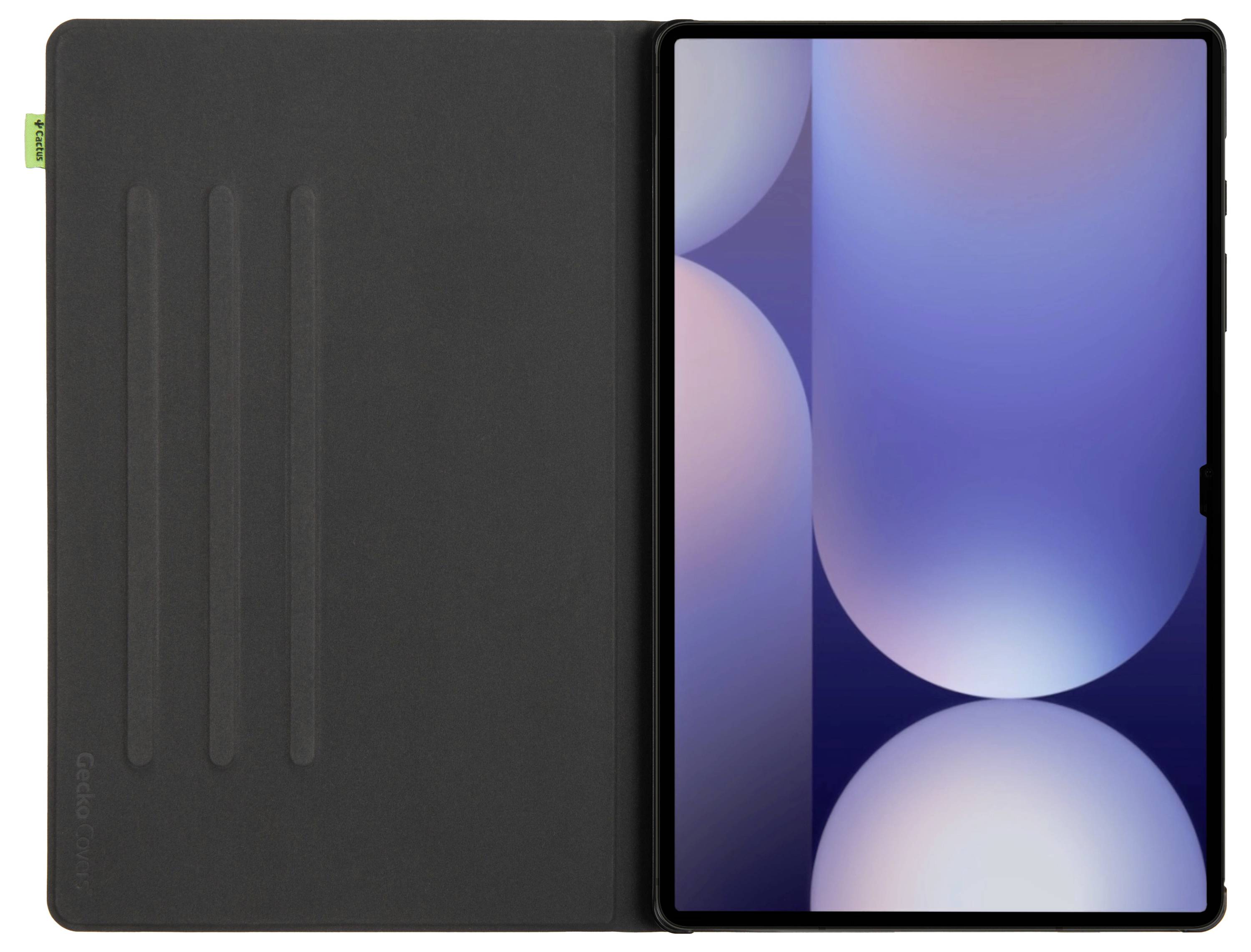 Tablet in einer geöffneten Hülle, Display zeigt abstraktes Muster mit hellen und dunklen Kreisen vor blauem Hintergrund.