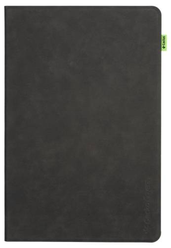 Ein elegantes schwarzes Tablet-Etui mit einer glatten Oberfläche und einer kleinen grünen Lasche an der Seite.