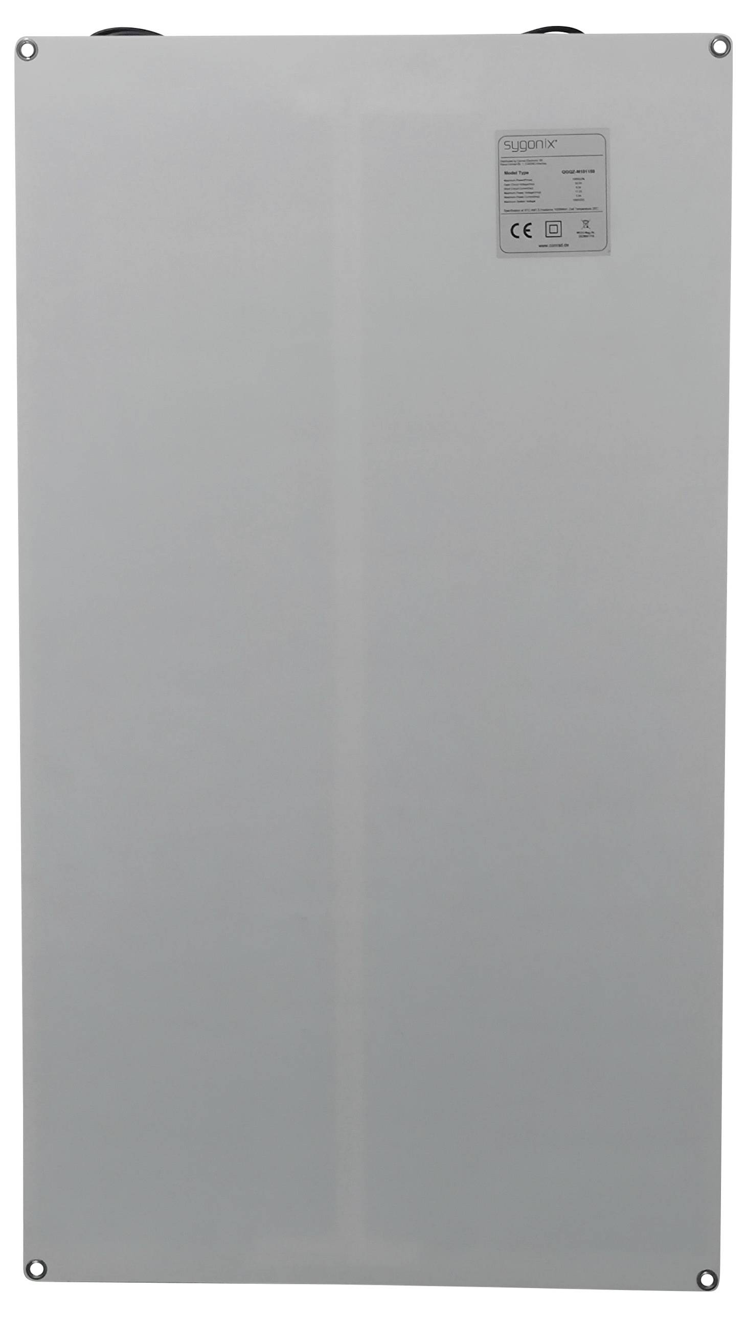 Ein rechteckiges, metallisches technisches Gerät mit einem Etikett oben rechts, das technische Spezifikationen zeigt.