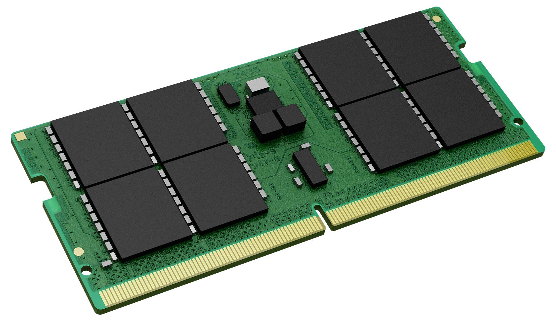RAM-Modul mit grünem Schaltkreis und schwarzen Speicherkondensatoren. Verwendet in Computern zur Datenverarbeitung und -lagerung.
