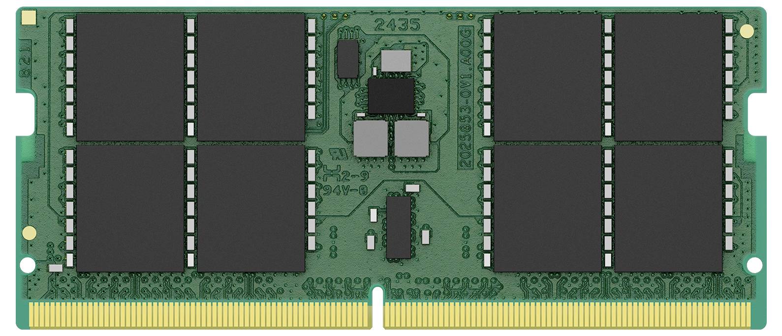 Ein grünes RAM-Modul mit mehreren schwarzen Speicherchips auf der Oberfläche. Goldene Kontakte befinden sich an der Unterseite.