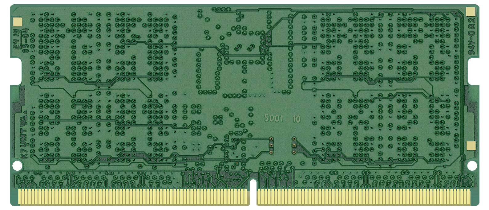 Eine grüne Speicherplatine eines RAM-Moduls, mit goldenen Kontakten unten. Sichtbar sind viele kleine elektronische Verbindungen und Bauteile.
