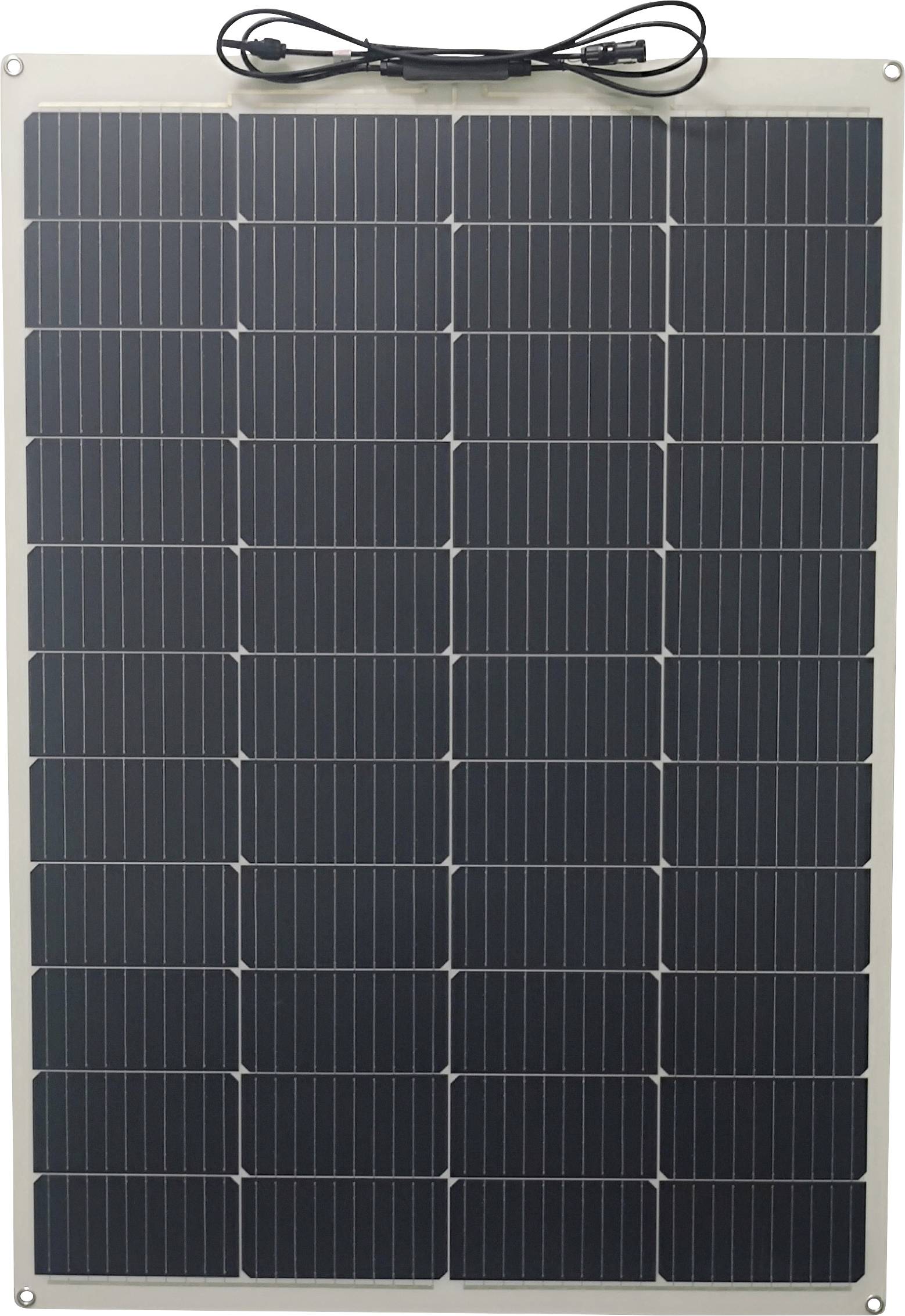 Solarmodul mit rechteckiger Anordnung aus dunklen Zellen und hellem Rahmen, Kabel oben. Verwendet zur Erzeugung erneuerbarer Energie.