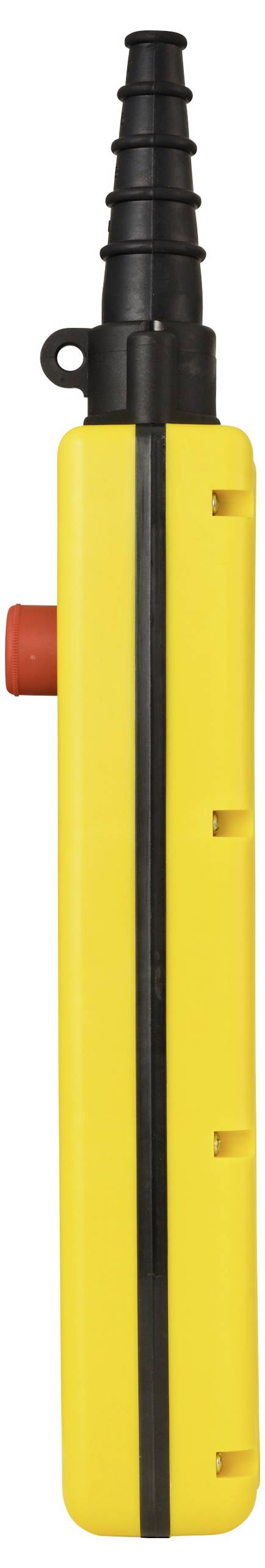 Eine gelbe industrielle Fernbedienung mit einem roten Knopf und einer schwarzen Antenne, von der Seite betrachtet.