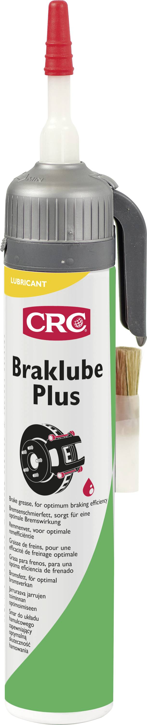 Eine grüne Tube 'CRC Braklube Plus' mit roter Kappe, eingesetzt zur Schmierung von Bremskomponenten. Enthält einen Pinsel zur Anwendung.
