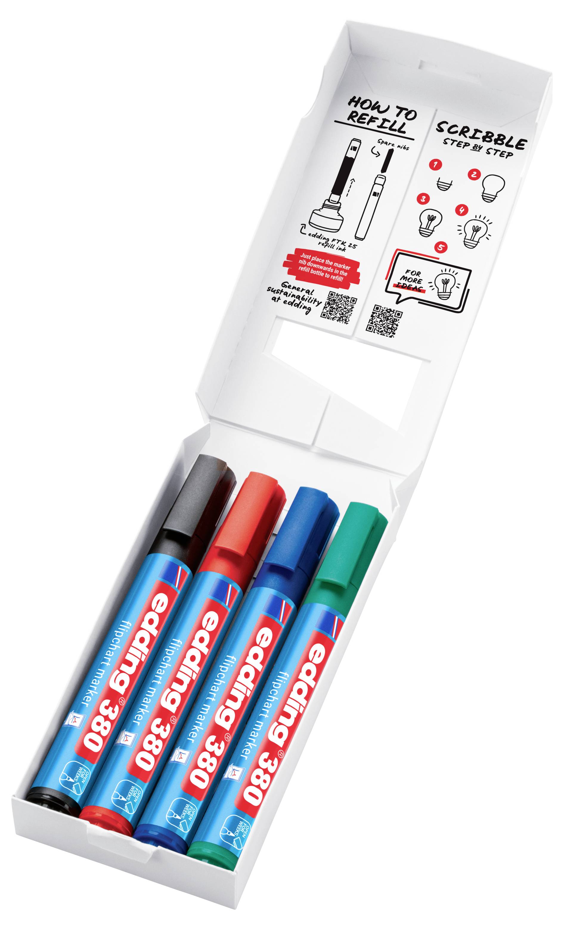 Öffnen Sie die weiße Schachtel mit vier farbenfrohen Scribble Step Nachfüll-Markerstiften und eine Anleitung mit dem Titel „Zum Nachfüllen" mit kleinen Diagrammen und QR-Codes.