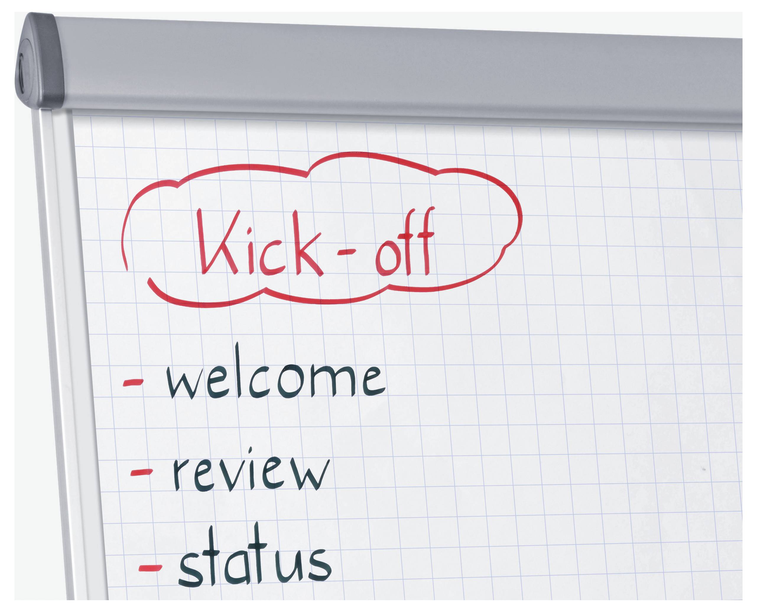 Flipchart-Seite mit dem Titel „Kick-off" mit den Aufzählungspunkten „Willkommen", „Überprüfung" und „Status"