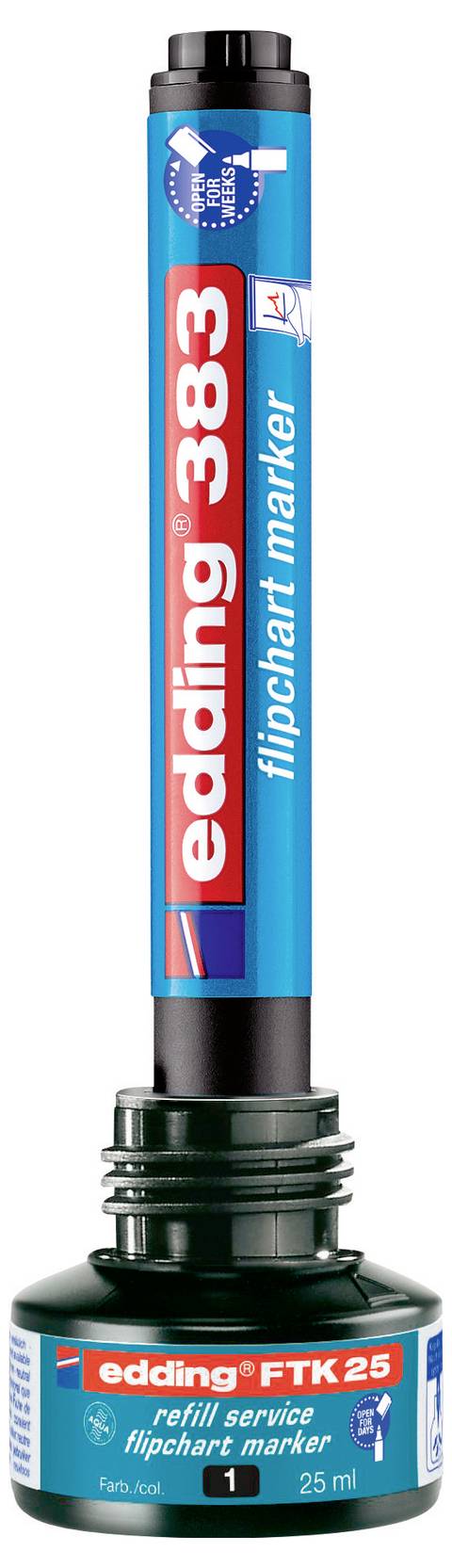 Blauer Edding 383 Flipchart-Marker mit schwarzer Kappe und Basis, beschriftet mit edding RTK 25 und 1 mm, aufrecht auf weißem Hintergrund dargestellt.