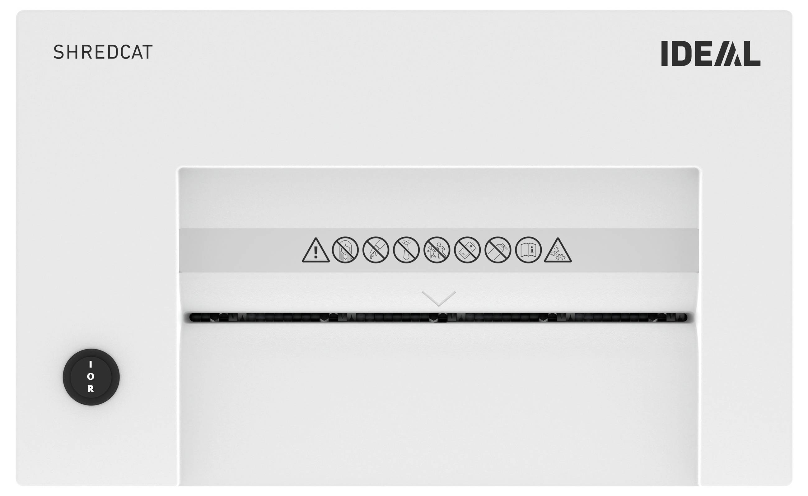 'IDEAL' Aktenvernichter-Design mit Markenname oben rechts, Modell 'SHREDCAT' links. Mittig Symbole für Nutzungshinweise und Sicherheit.