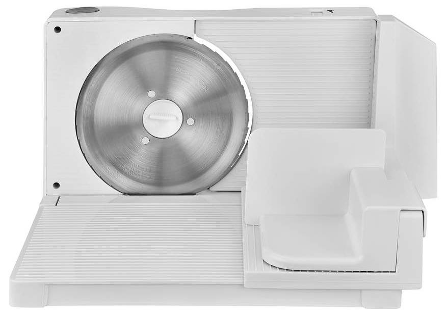 Elektrische Aufschnittmaschine mit rundem, scharfem Schneidemesser, geeignet zum Schneiden von Brot, Käse oder Fleisch.