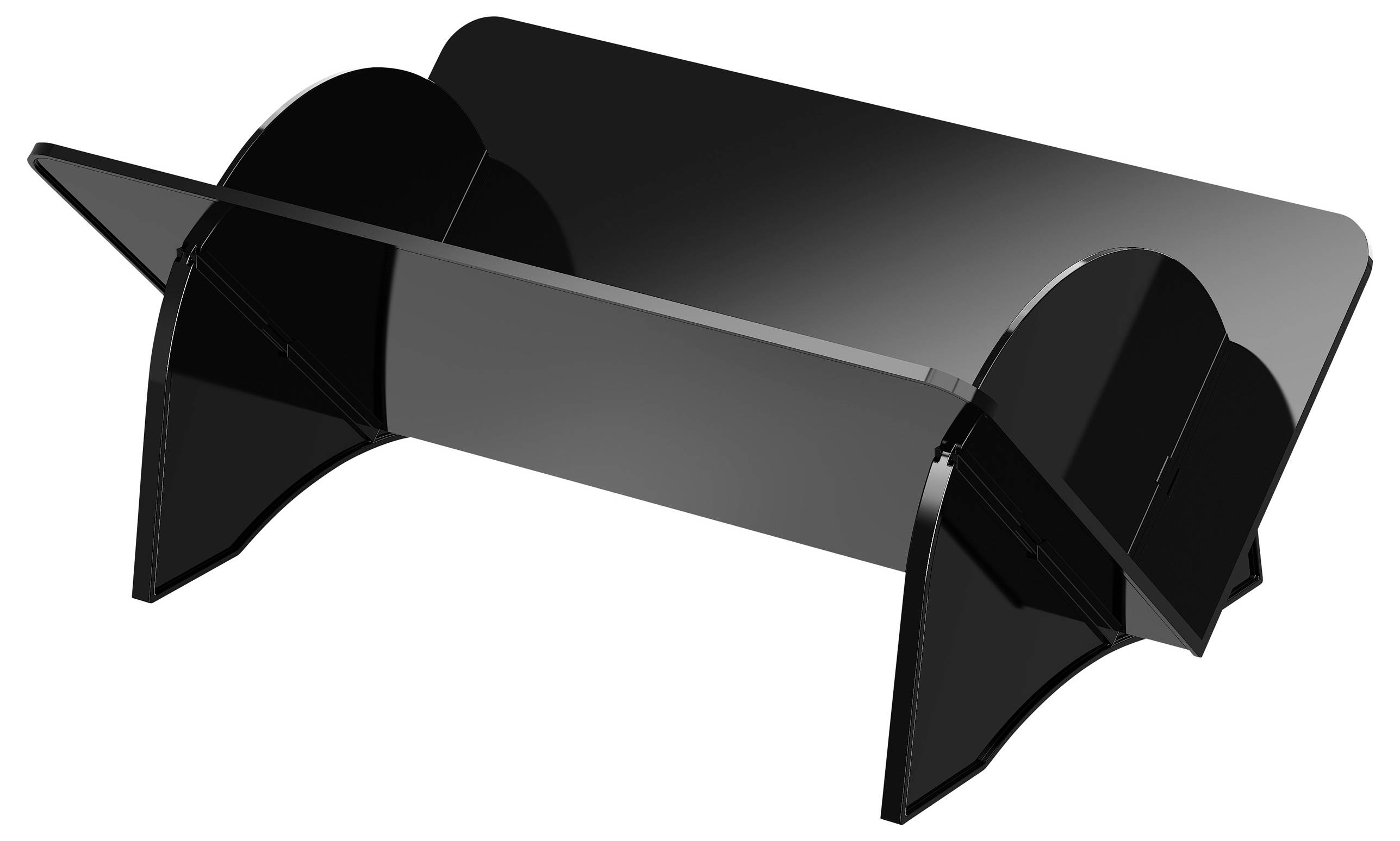 Ein schlanker, moderner, schwarzer Laptopständer mit abgewinkelten Beinen, der entwickelt wurde, um einen Laptop in einem ergonomischen Sichtwinkel zu halten.