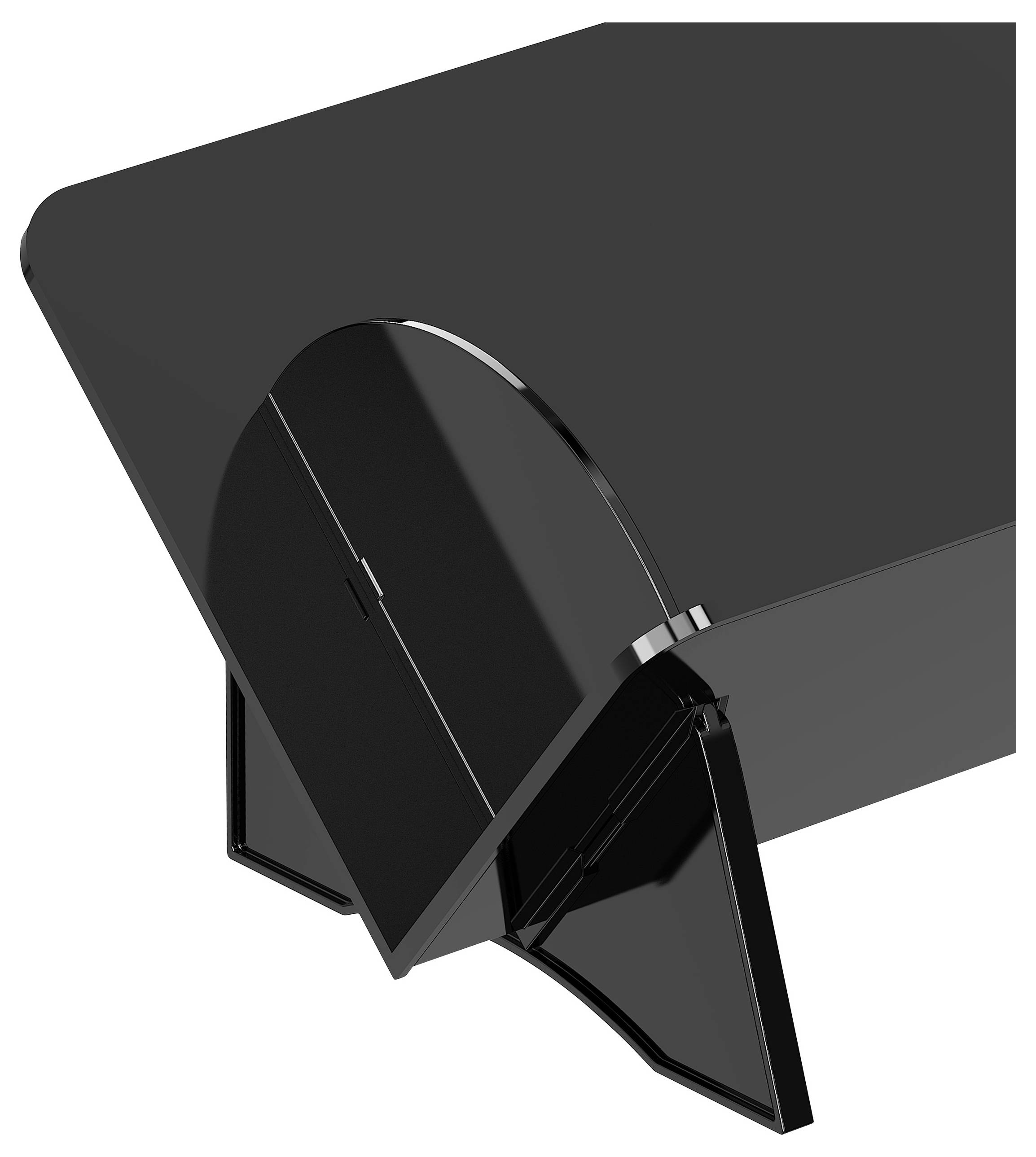 Ein schwarzer, glänzender Tisch mit abgerundeten Kanten und einer kantigen, modernen Trägerstruktur.