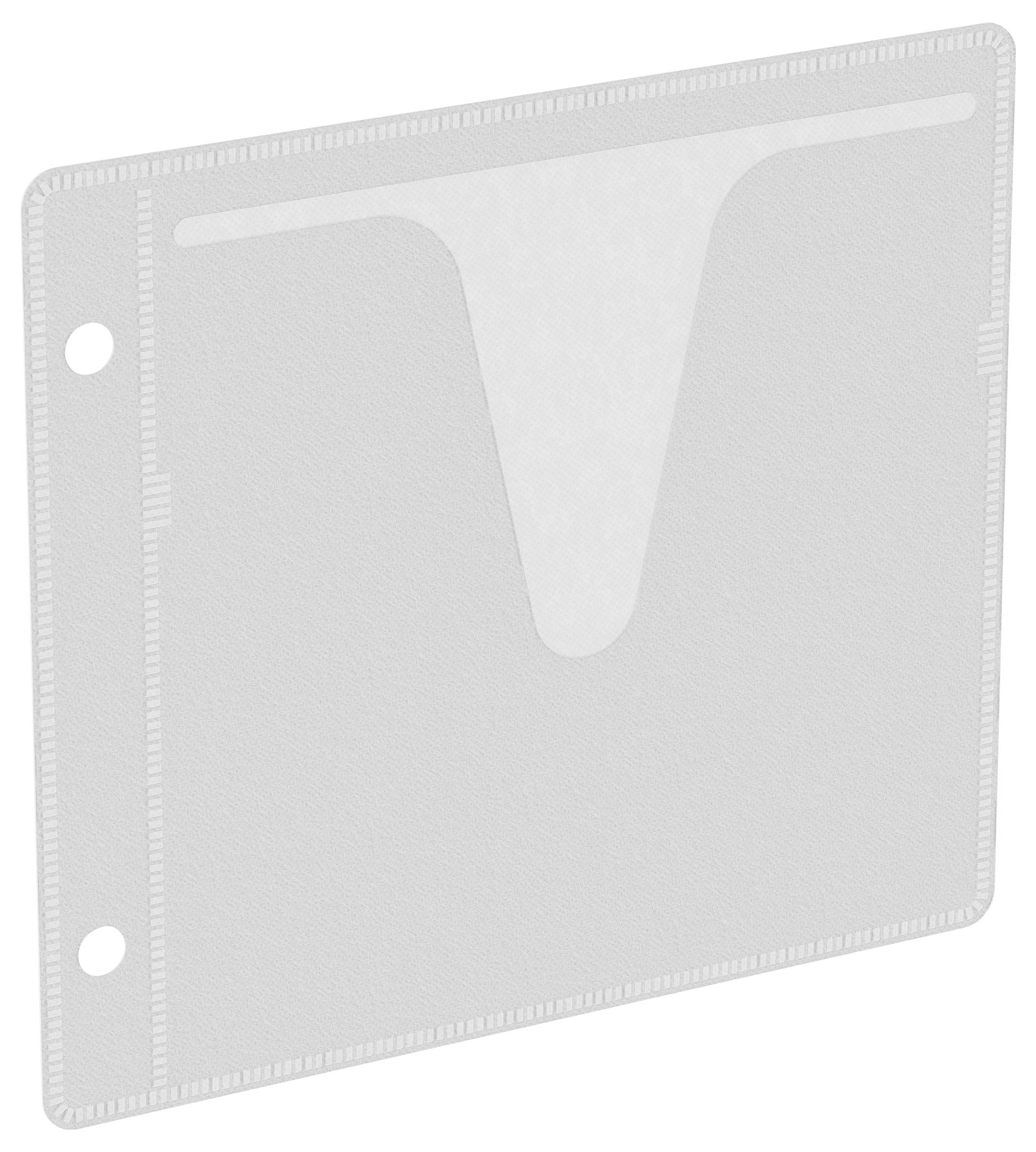 Ein Dokumentenschutz mit einer V-förmigen Öffnung an der Oberkante für einfaches Einfügen von Dokumenten. Er verfügt über 11 Löcher für Ordnerkompatibilität.