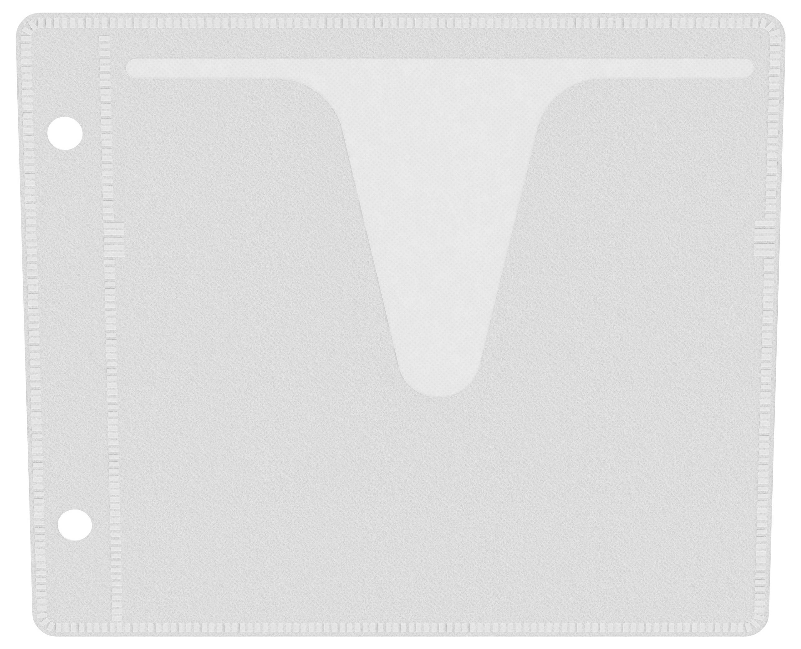 Ein gefrosteter, transparenter Dokumentenhalter mit zwei seitlichen Löchern, der eine U-förmige Öffnung an der Oberkante für einfachen Zugriff auf den Inhalt aufweist.