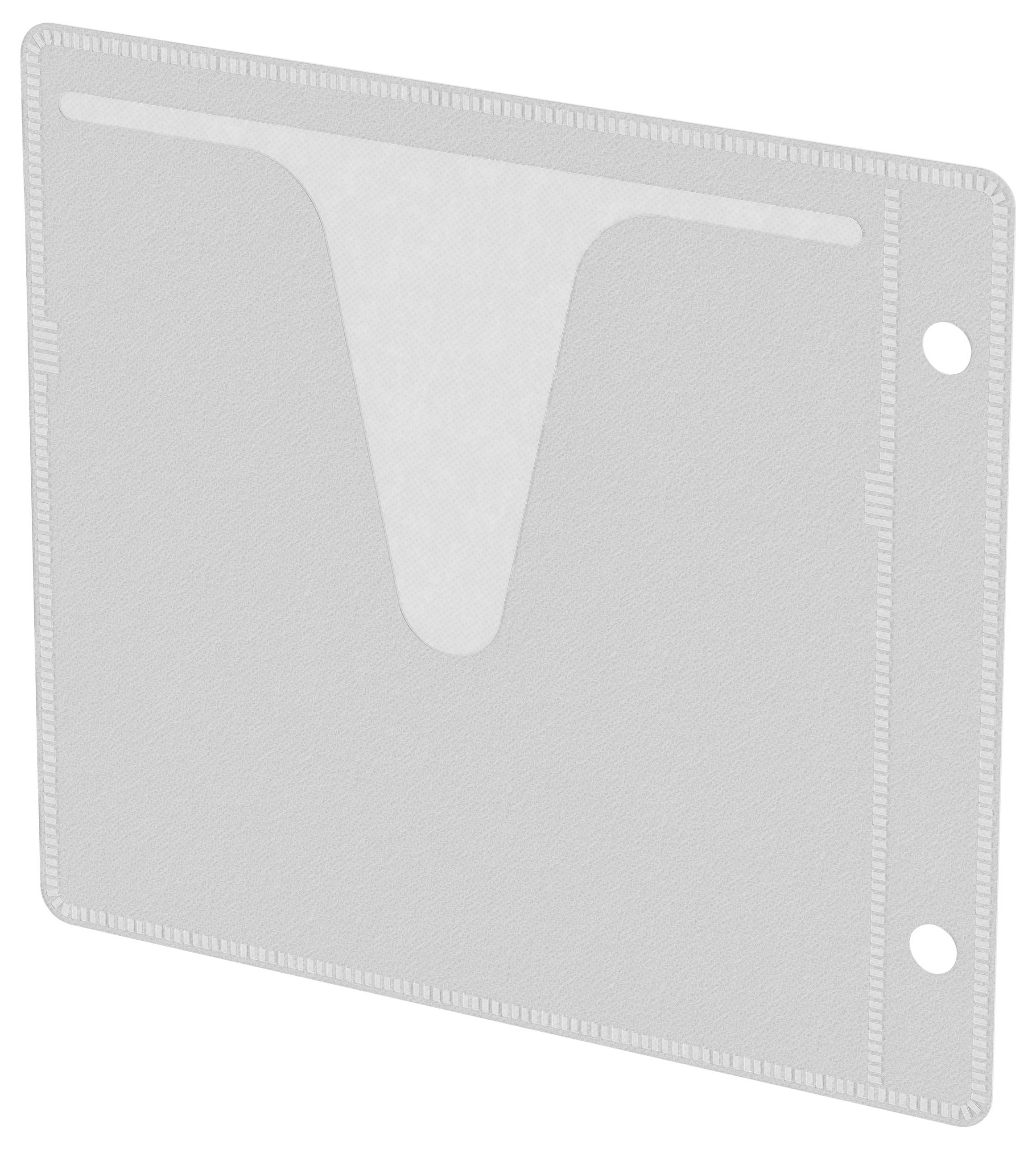 Ein halbtransparenter Halter mit einer T-förmigen Öffnung und zwei Löchern auf der rechten Seite, der für eine einfache Organisation in Ordnern konzipiert ist.