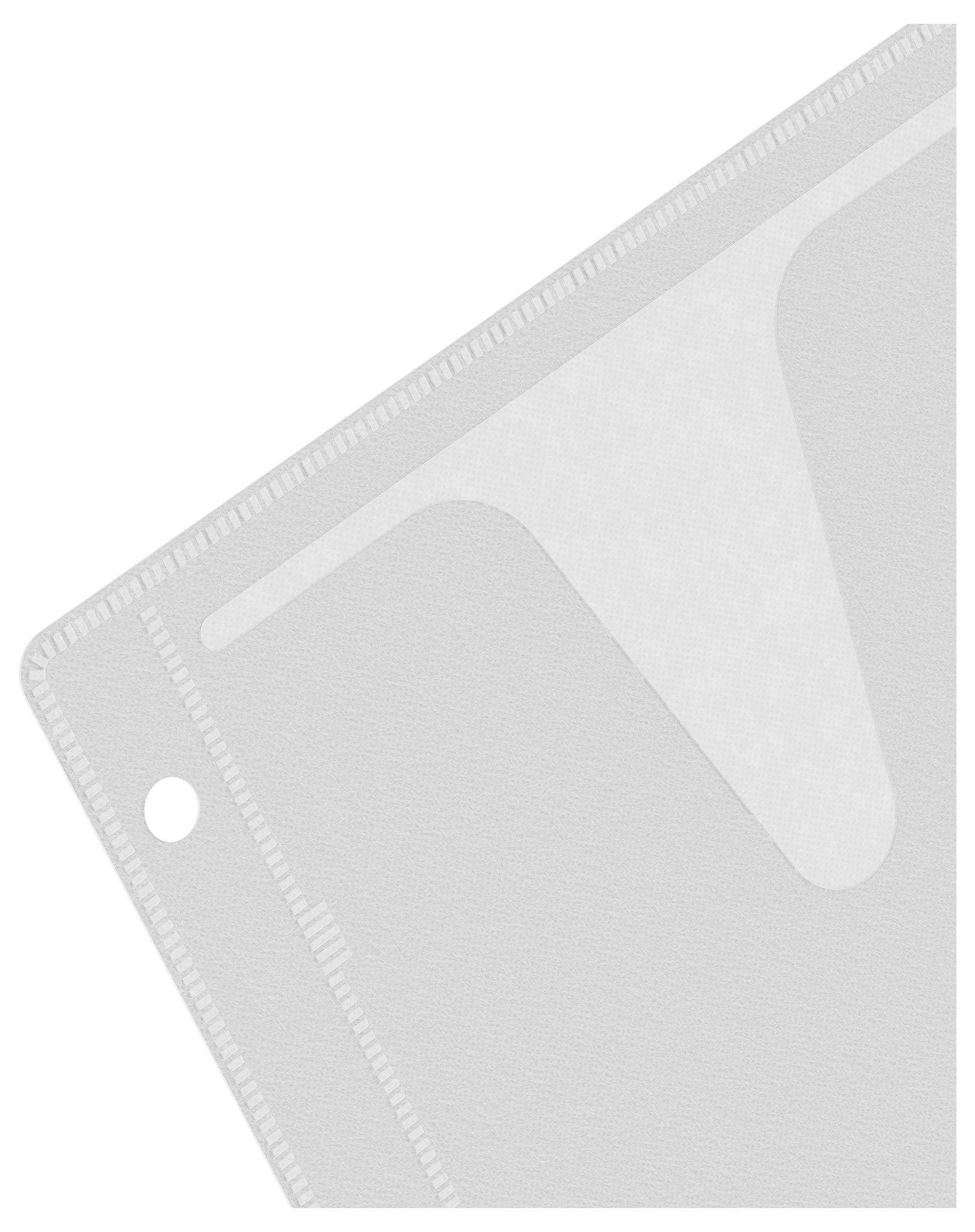 Ein transparenter Plastik-Dokumenteneinschlag mit zwei Löchern auf der linken Seite zum Befestigen von Dokumenten in einem Ringbuch, versehen mit einer diagonalen Schnittöffnung.