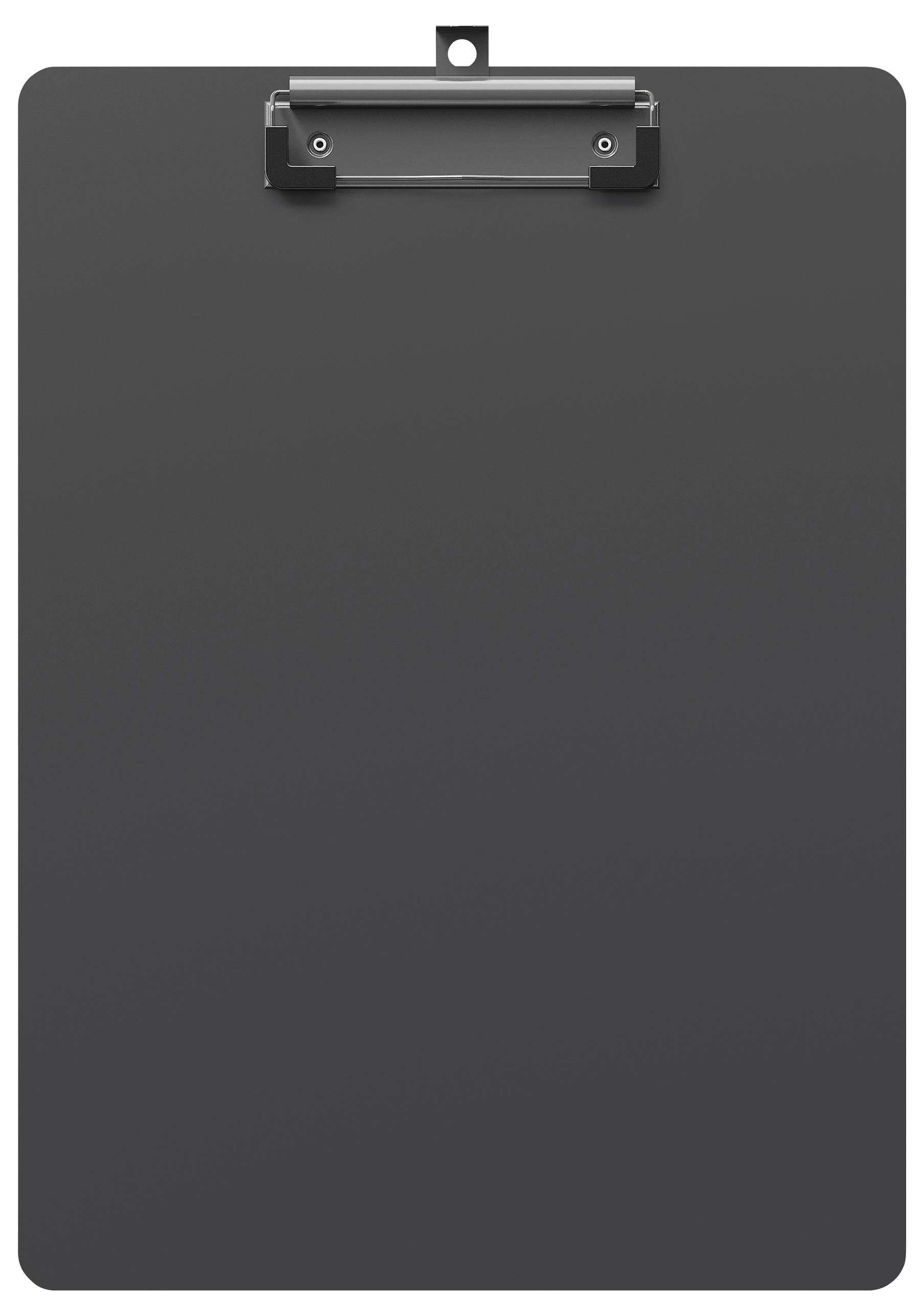 Ein schwarzes Klemmbrett mit einer Metallklammer in der Mitte oben, das verwendet wird, um Papiere oder Dokumente an ihrem Platz zu halten.