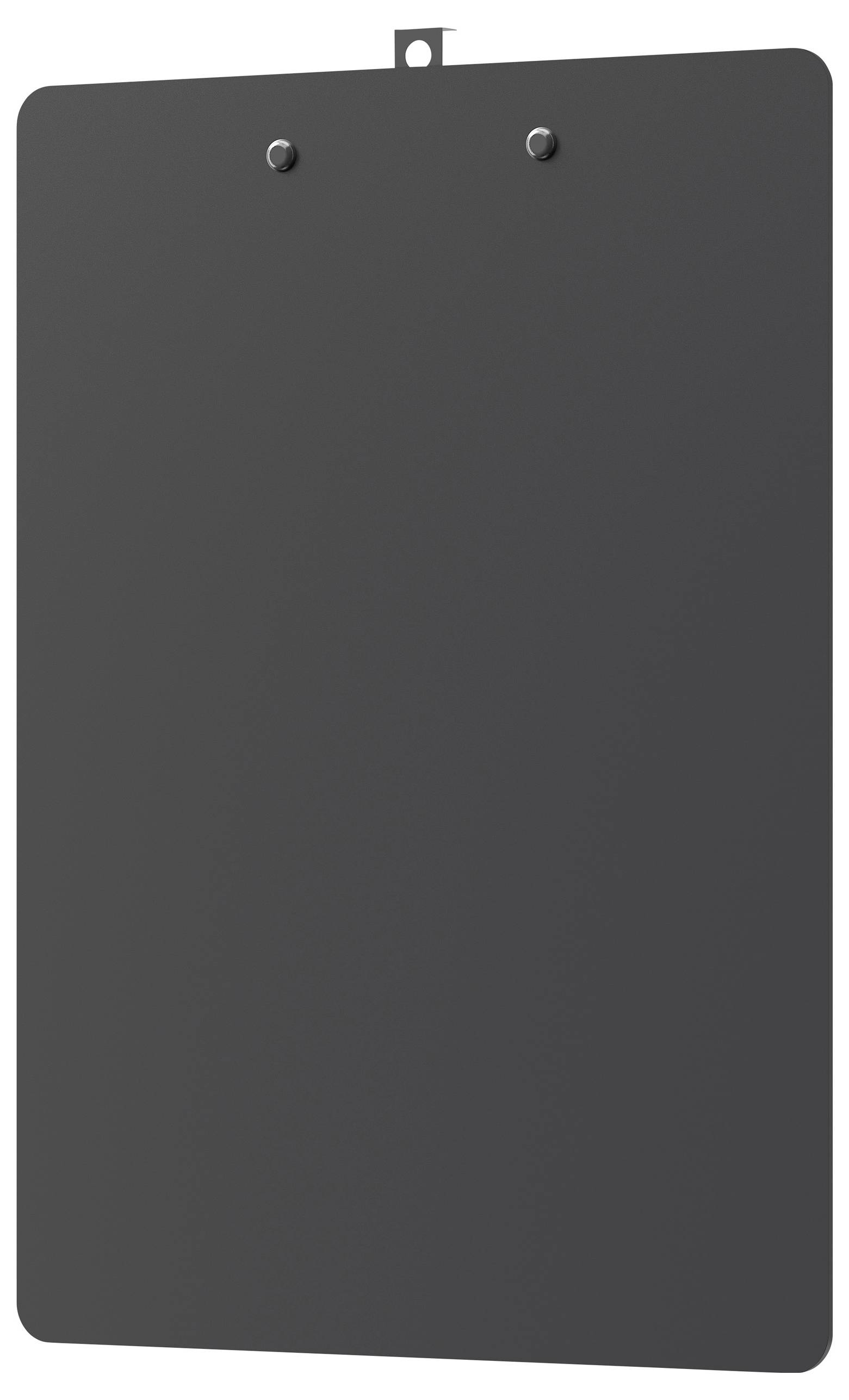 Ein grauer Klemmbrett mit zwei Metallklammern an der Oberseite.