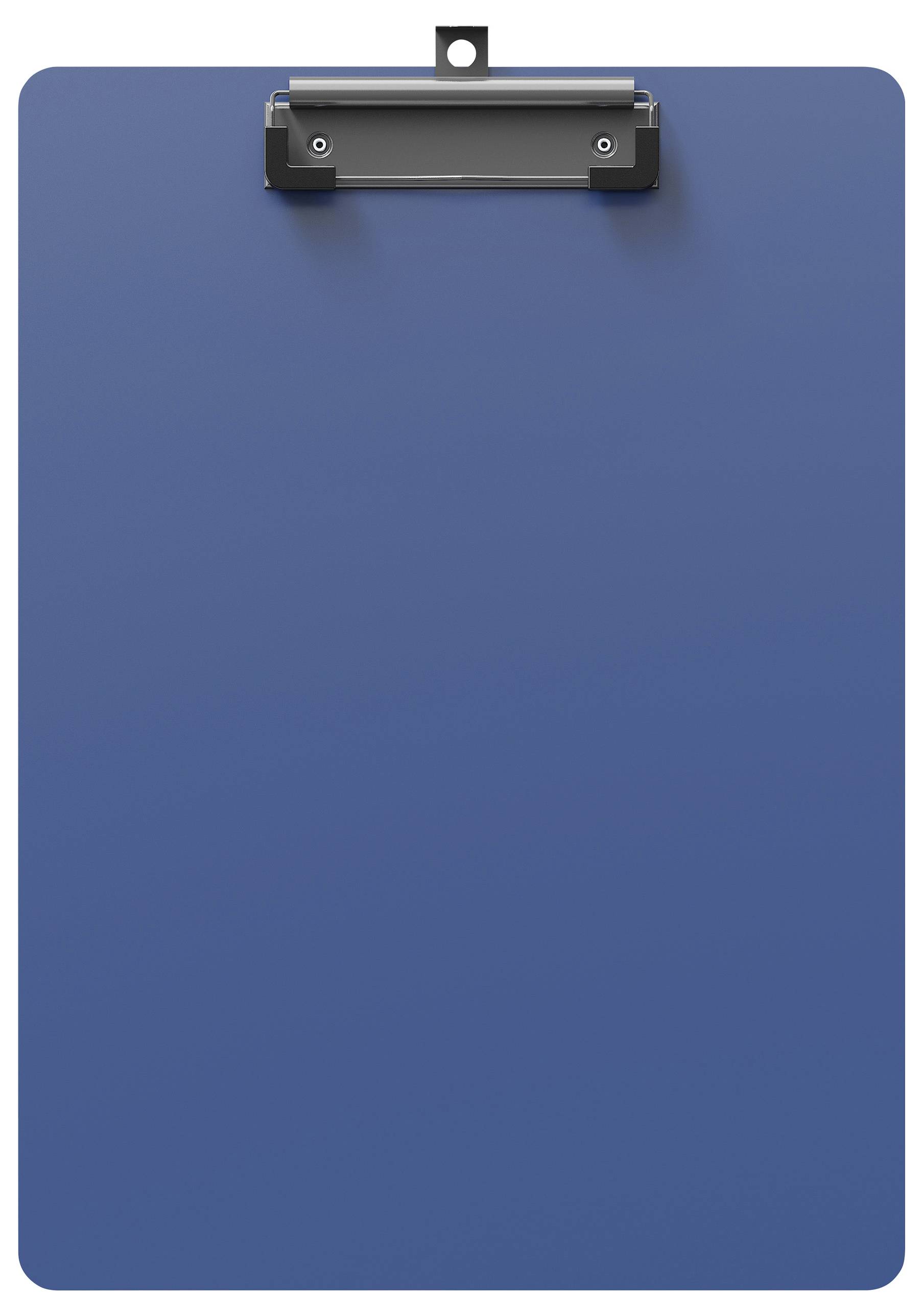 Ein blauer Klemmbrett mit einer Metallklammer in der Mitte oben.