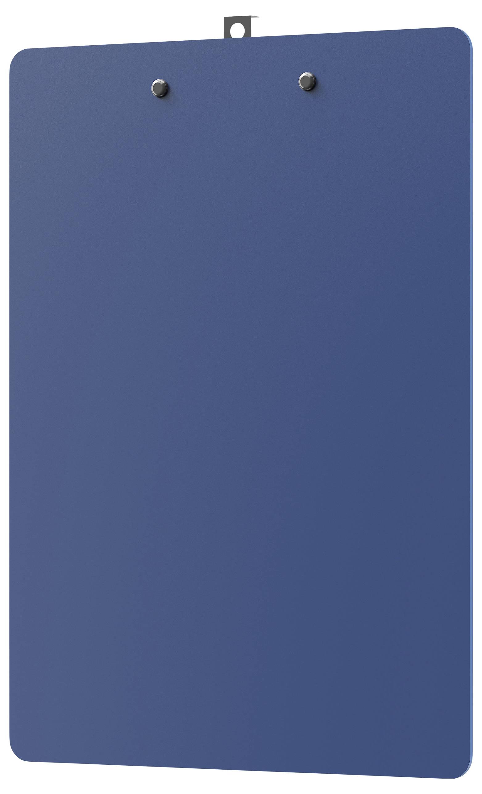 Ein sauberes, blaues Klemmbrett mit zwei Clips an der Oberseite zum Befestigen von Papieren, Aufhängehaken mittig darüber.