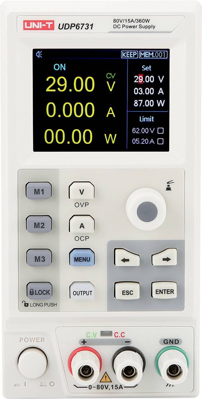 Ein digitales Schaltnetzteil mit Bildschirm zeigt 'ON', Spannung '29.00V', Strom '0.00A'. Knöpfe und Anschlüsse sind sichtbar.