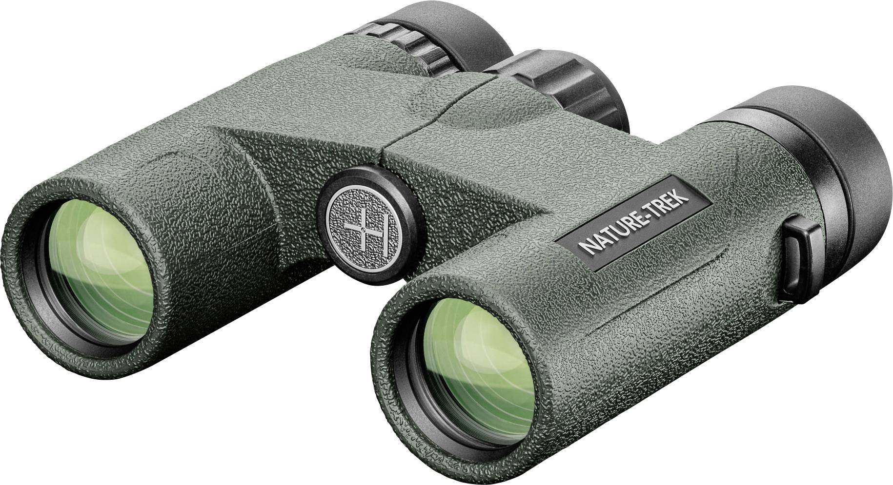 Grünes Fernglas mit der Aufschrift 'Nature-Trek' auf der Seite, zeigt die Frontansicht mit Fokussierrädern und glatter Oberfläche.