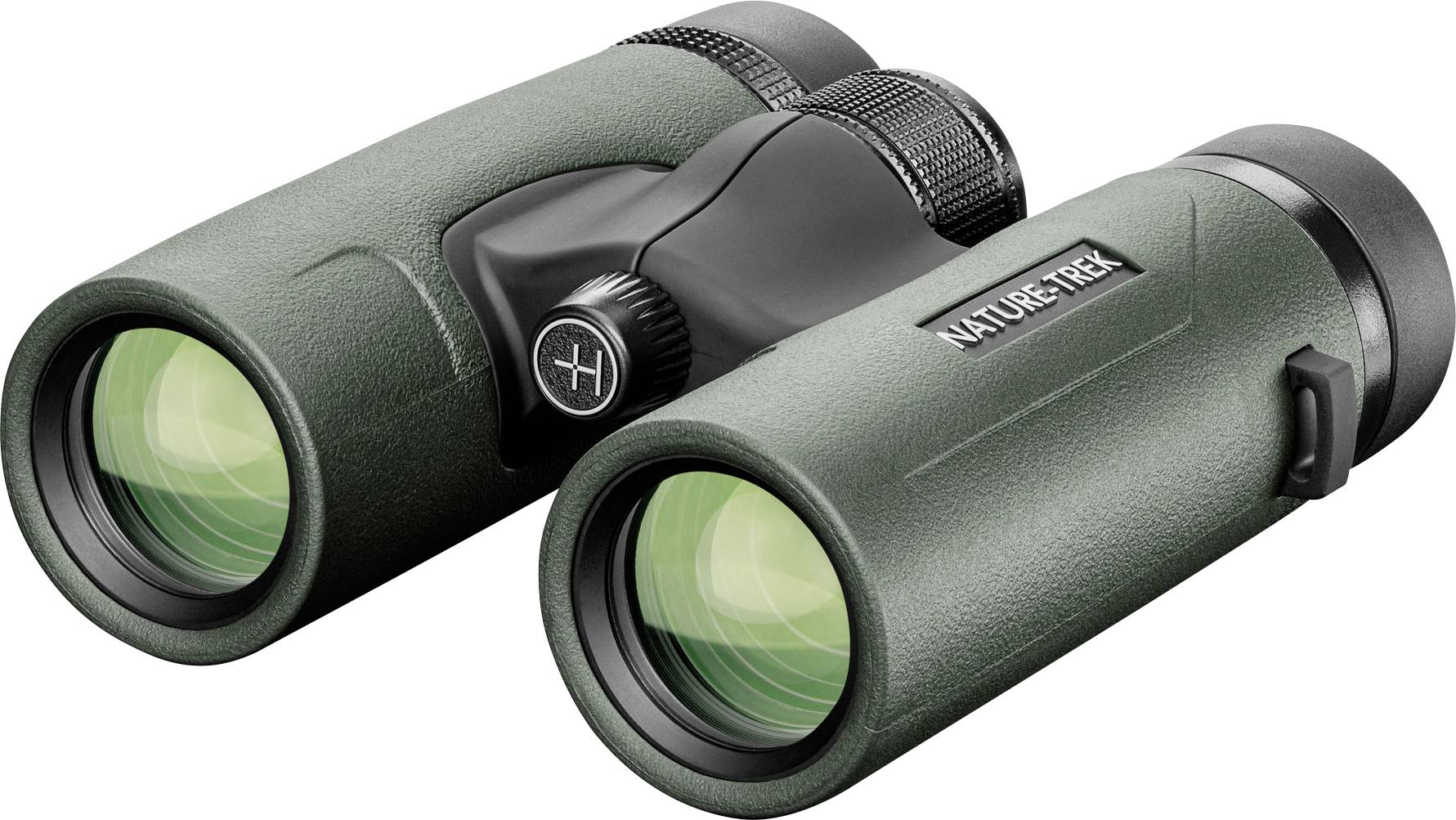 Fernglas mit grünem Gehäuse und schwarzen Drehknöpfen, auf denen 'Nature Trek' steht. Geeignet für Naturbeobachtungen.