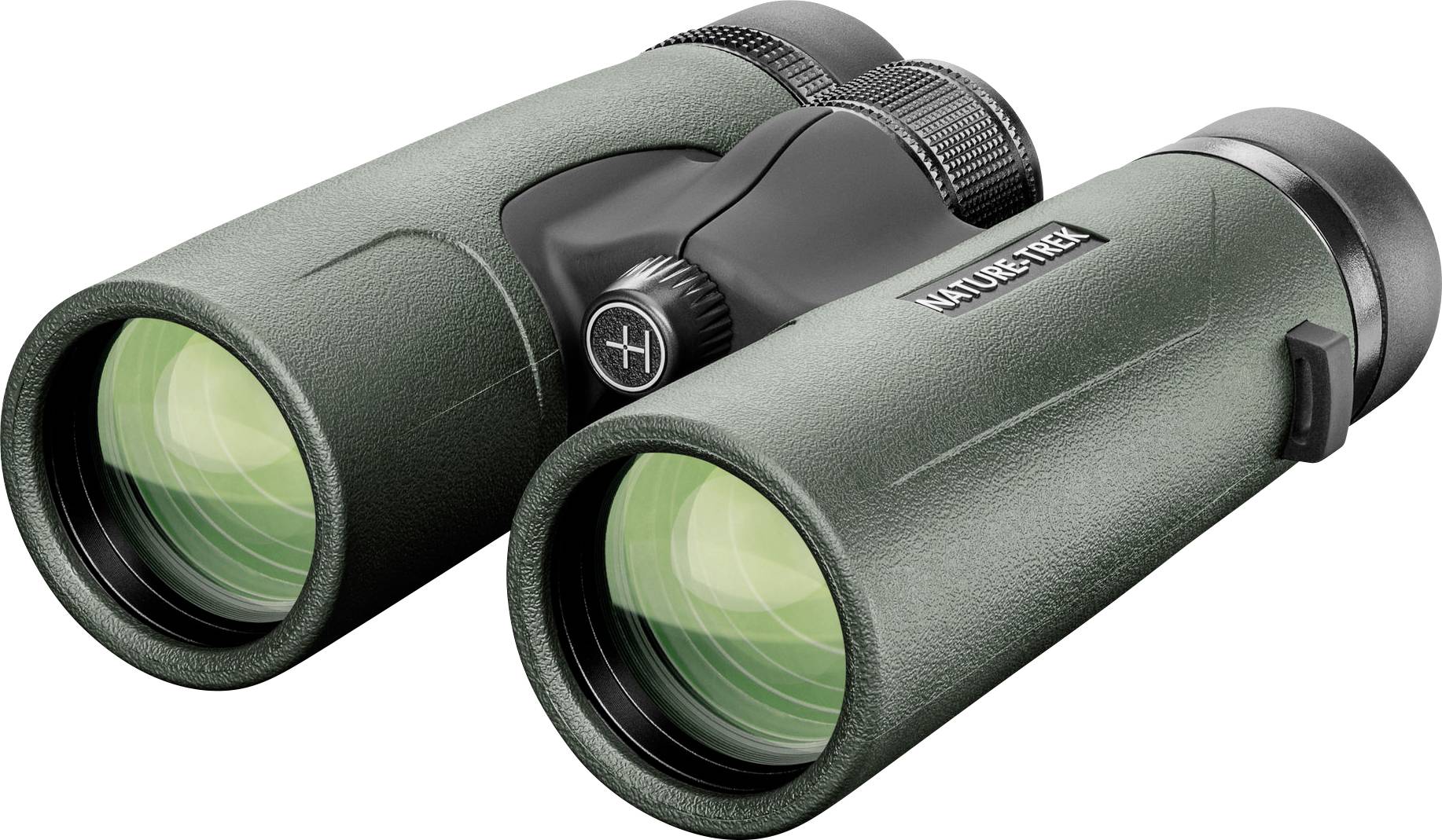 Grünes Fernglas mit schwarzem Mittelteil und grün getönten Linsen, horizontal ausgerichtet, auf weißem Hintergrund.