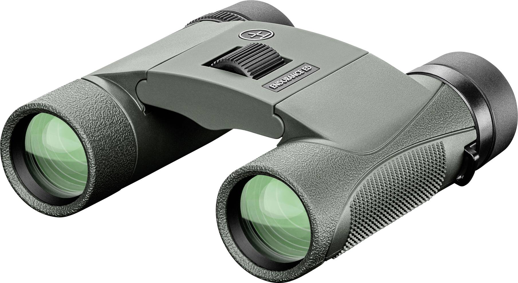 Ein kompaktes Fernglas mit grünem Gehäuse, geeignet für Outdoor-Aktivitäten. Es hat verstellbare Okulare und eine gummierte Oberfläche für besseren Halt.