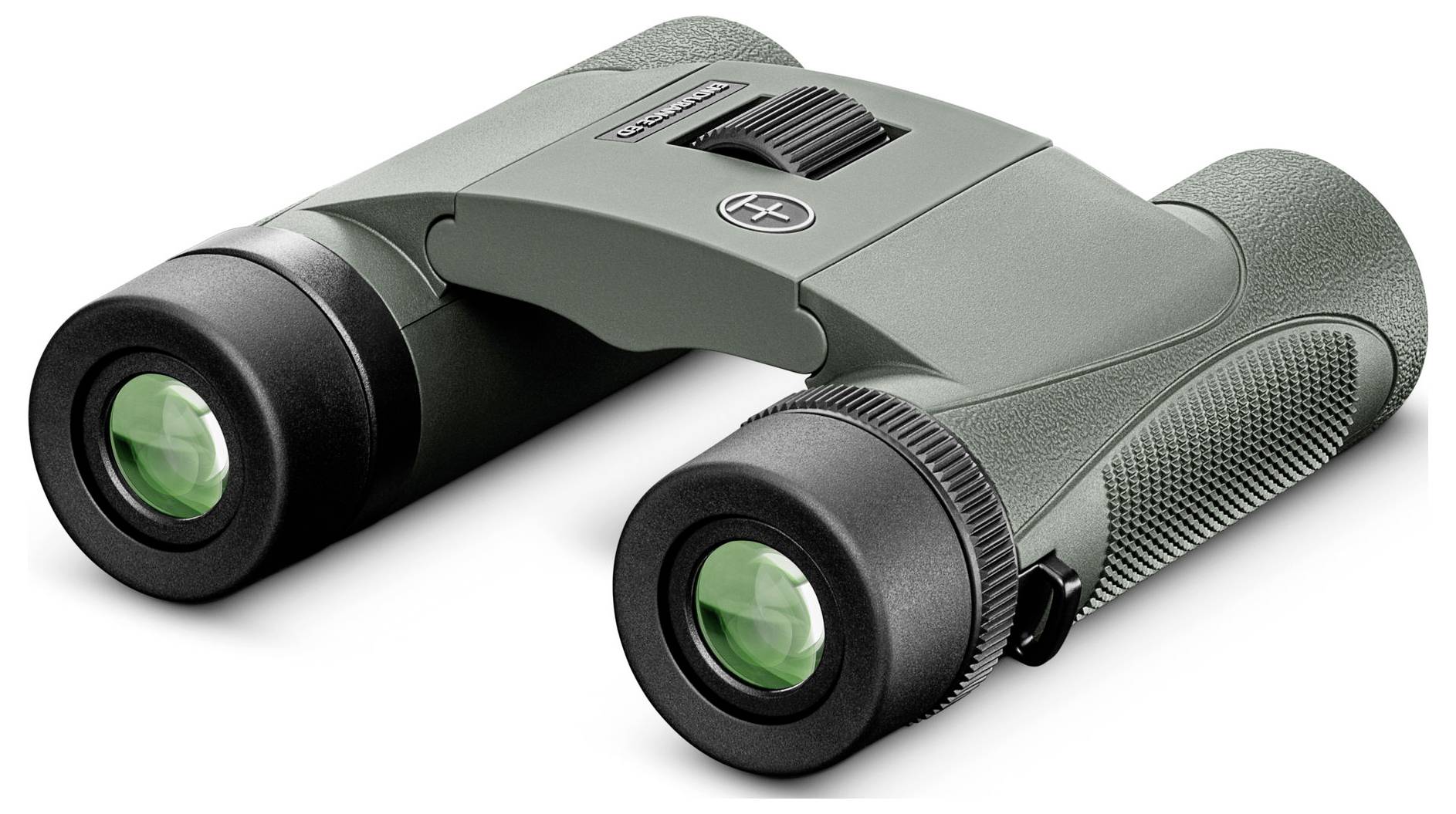 Ein kompakt zusammenklappbares Fernglas mit grünem Gehäuse und schwarzem Gummigriff, geeignet für Outdoor-Aktivitäten.