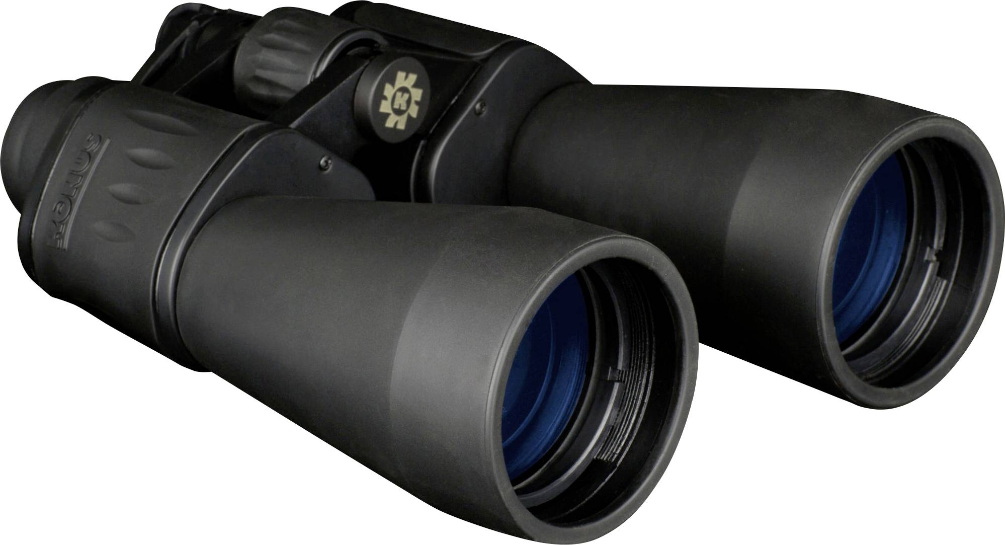 Ein schwarzes Fernglas mit blauen Linsen liegt auf einer weißen Oberfläche. Es ist bereit zur Beobachtung von entfernten Objekten.