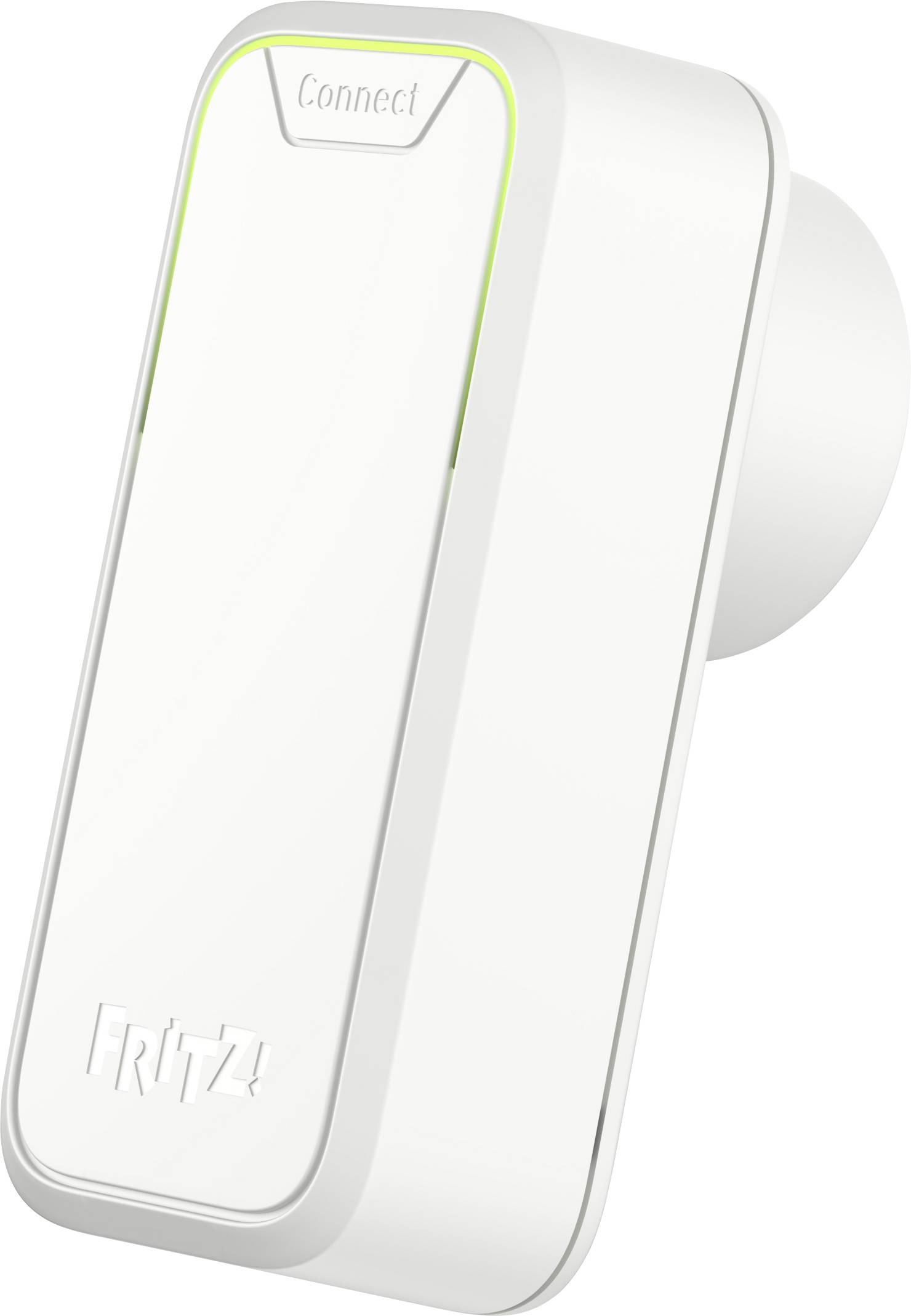 Weißer, rechteckiger WLAN-Repeater mit der Aufschrift 'Fritz!' auf der Vorderseite und einem LED-Anzeigestreifen oben.