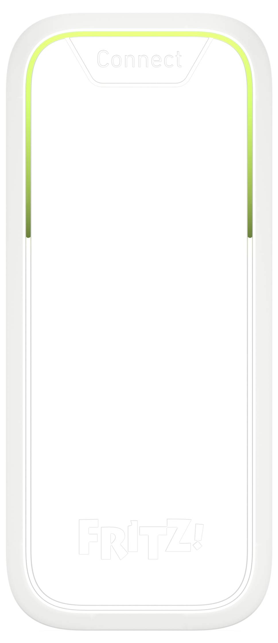 Ein weißer WLAN-Repeater der Marke FRITZ! mit einem grünen Lichtstreifen oben, zeigt Betriebsbereitschaft an.